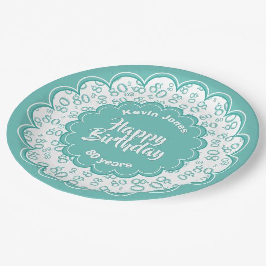 80. Aquamarin/weiß Zufallszahlmuster Pappteller (Schrägansicht)