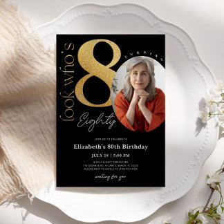 80. Black Gold Geburtstag Einladung mit Foto