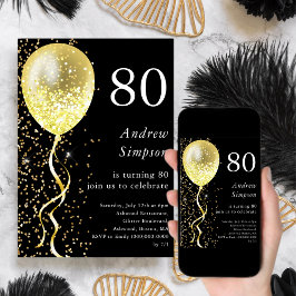 80. | Black & Gold Glitzer Ballon Birthday Einladung