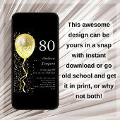 80. | Black & Gold Glitzer Ballon Birthday Einladung