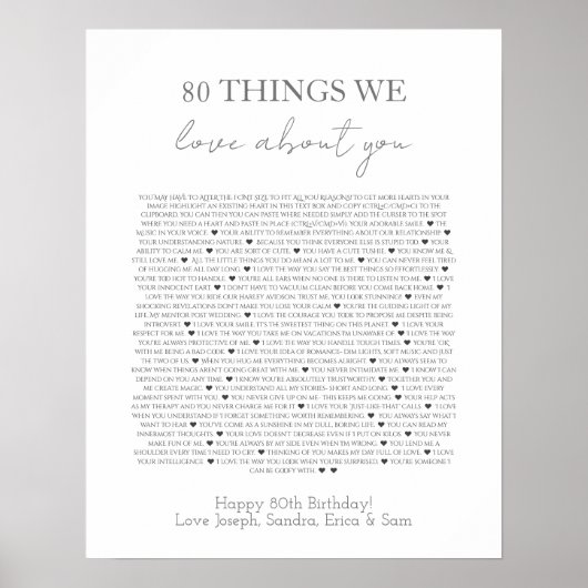 80 Dinge, die wir an dir lieben Poster (Vorne)