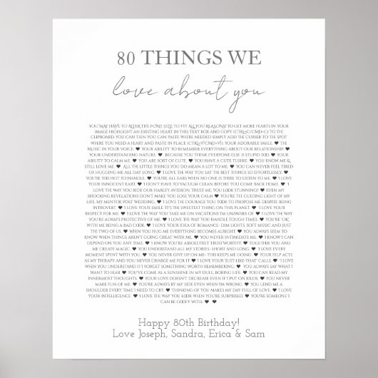 80 Dinge, die wir an dir lieben Poster (Vorne)
