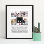 80 Dinge, die wir über Sie Liebe | 80. Geburtstag Poster<br><div class="desc">Sie suchen ein einzigartiges Geburtstagsgeschenk? Kompilieren Sie eine Liste von Dingen, die Sie sie Liebe, fügen Sie einige Fotos und Sie haben das perfekte Geschenk, dass sie Schatz. Das ist perfekt für einen Meilenstein Geburtstag und wenn Sie ein Party werfen, warum nicht gefragt Gäste, um sie Dinge zu Ihrer Liste...</div>