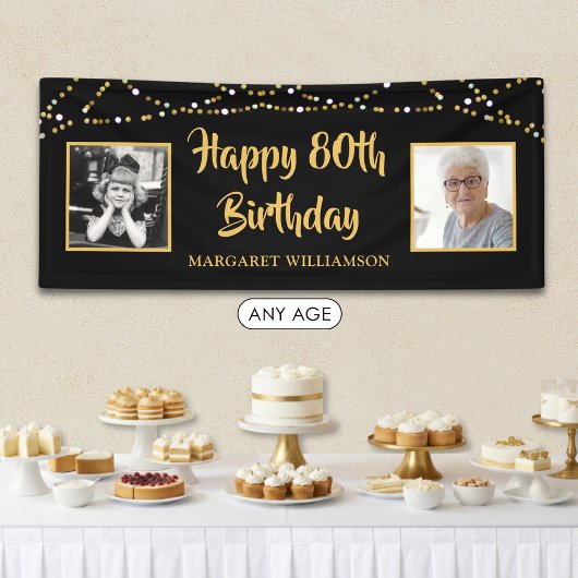 80. Geburtstag 2 Foto Black Gold Lights Banner