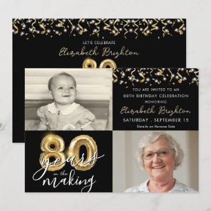 80. Geburtstag 2 Fotos Black Gold Balloons Script Einladung