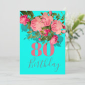 80. Geburtstag Achtzigeth Blue Pink Rose Elegant Einladung (Stehend Vorderseite)
