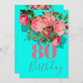 80. Geburtstag Achtzigeth Blue Pink Rose Elegant Einladung (Vorne/Hinten)