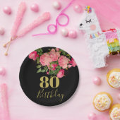 80. Geburtstag Achtzigste Black Gold Rose Elegant Pappteller (Party)