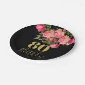 80. Geburtstag Achtzigste Black Gold Rose Elegant Pappteller (Schrägansicht)