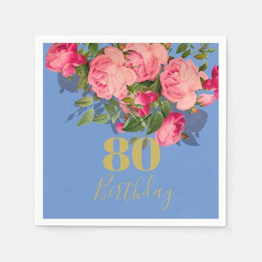 80. Geburtstag Achtzigste Blaue Rose Gold Elegant Serviette (Vorderseite)