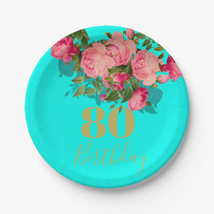 80. Geburtstag Achtzigste Blue Gold Rose Elegant Pappteller