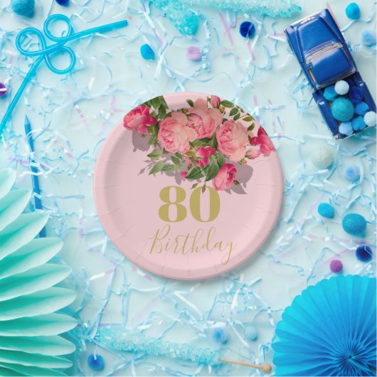 80. Geburtstag Achtzigste Rosa Elegant Pappteller (Party)