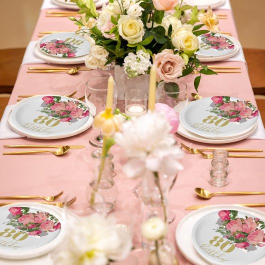 80. Geburtstag Achtzigste Rose Elegant Pappteller