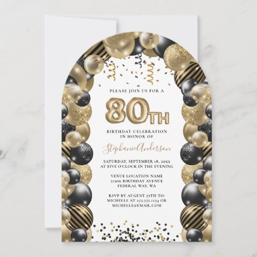 80. Geburtstag Ballon Gold Black Sparkle Einladung (Vorderseite)