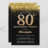 80. Geburtstag Black and Gold Glitzer Confetti Einladung (Vorne/Hinten)