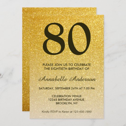 80. Geburtstag Black Gold Glitzer Sparkle Ombre Einladung (Vorne/Hinten)