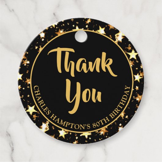 80. Geburtstag Black Gold Stars DANK Geschenkanhänger (Vorderseite)