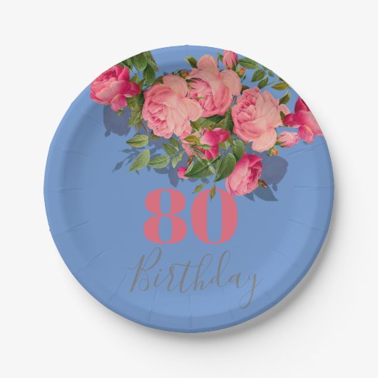 80. Geburtstag Blau Elegant Rosa Achtzigste Pappteller (Vorderseite)