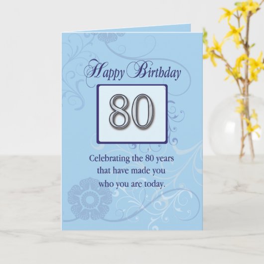 80. Geburtstag, Blau und Silber Karte (Gelbe Blume)