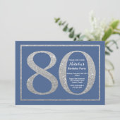 80. Geburtstag Blau- und Silberner Glitzer Einladung (Stehend Vorderseite)