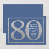 80. Geburtstag Blau- und Silberner Glitzer Einladung (Vorne/Hinten)
