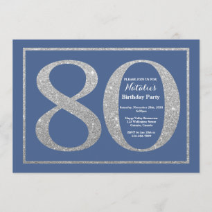 80. Geburtstag Blau- und Silberner Glitzer Einladung