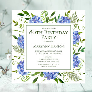80. Geburtstag Blaue Hortensien Florale Aquarellma Einladung