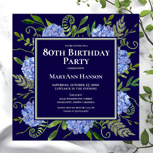 80. Geburtstag Blaue Hortensien Florale Aquarellma Einladung