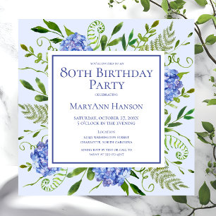 80. Geburtstag Blaue Hortensien Florale Aquarellma Einladung