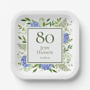 80. Geburtstag Blaue Hortensien Pappteller