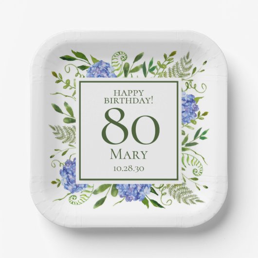 80. Geburtstag Blaue Hortensien Pappteller (Vorderseite)