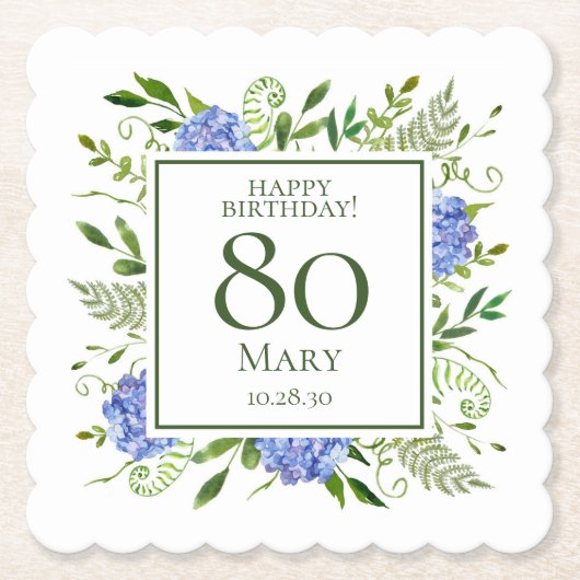 80. Geburtstag Blaue Hortensien Untersetzer (Vorderseite)