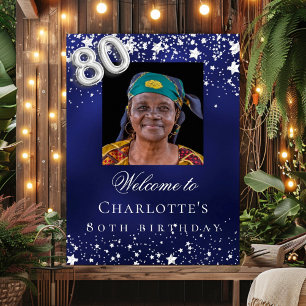 80. Geburtstag blaue Silberstars Foto willkommen Poster