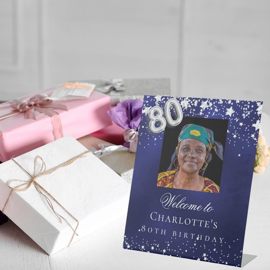 80. Geburtstag blaue Silberstars Foto willkommen Sockelschild