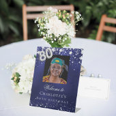80. Geburtstag blaue Silberstars Foto willkommen Sockelschild