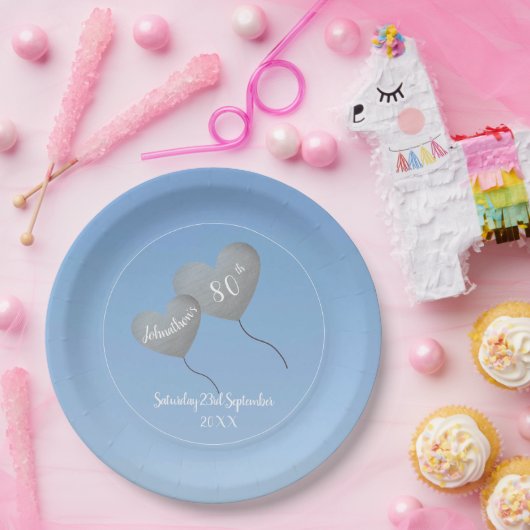 80. Geburtstag blauer Himmel & Silberballon Pappteller (Party)