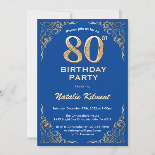 80. Geburtstag Blue and Gold Glitzer Frame Einladung (Vorderseite)