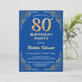 80. Geburtstag Blue and Gold Glitzer Frame Einladung (Stehend Vorderseite)