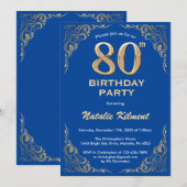 80. Geburtstag Blue and Gold Glitzer Frame Einladung (Vorne/Hinten)