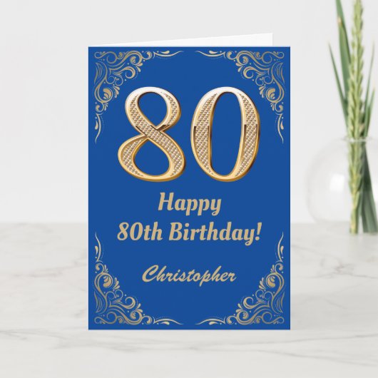 80. Geburtstag Blue and Gold Glitzer Frame Karte (Vorderseite)