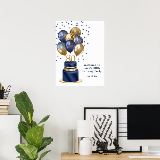 80. Geburtstag Blue Balloon Cake Poster (Heimbüro)