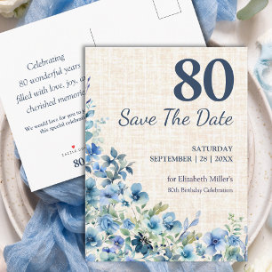 80. Geburtstag Blue Botanical Linen Save the Date Ankündigungspostkarte