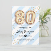 80. Geburtstag - Blue Stripes Gold Balloons Einladung (Stehend Vorderseite)