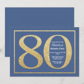 80. Geburtstag Blue und Gold Glitzer Einladung (Vorne/Hinten)