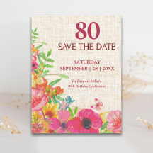 80. Geburtstag Bold Floral Leinen Save The Date