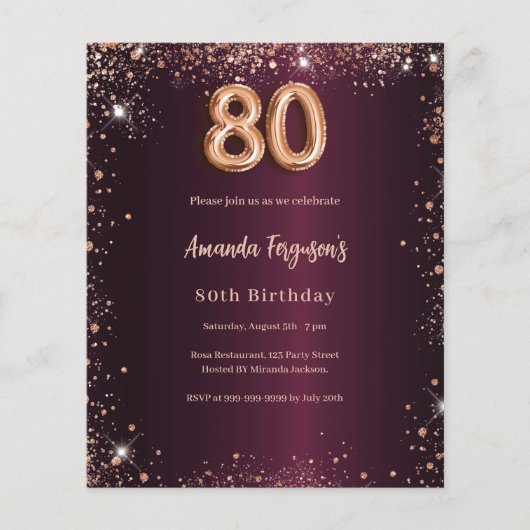 80. Geburtstag bordeauxrote Einladung Gold (Vorderseite)