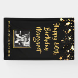 80. Geburtstag Brush Script Gold Stars Foto Black Banner