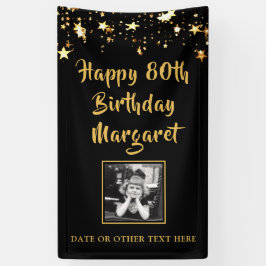 80. Geburtstag Brush Script Gold Stars Foto Black Banner