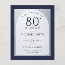 80 Geburtstag Budget Navy Blue Silver Man Einladun