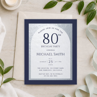 80 Geburtstag Budget Navy Blue Silver Man Einladun